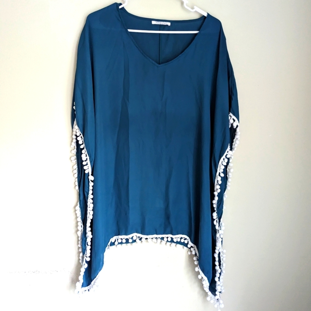 BLUE with White Pom Pom Beach Cover-up Kimono